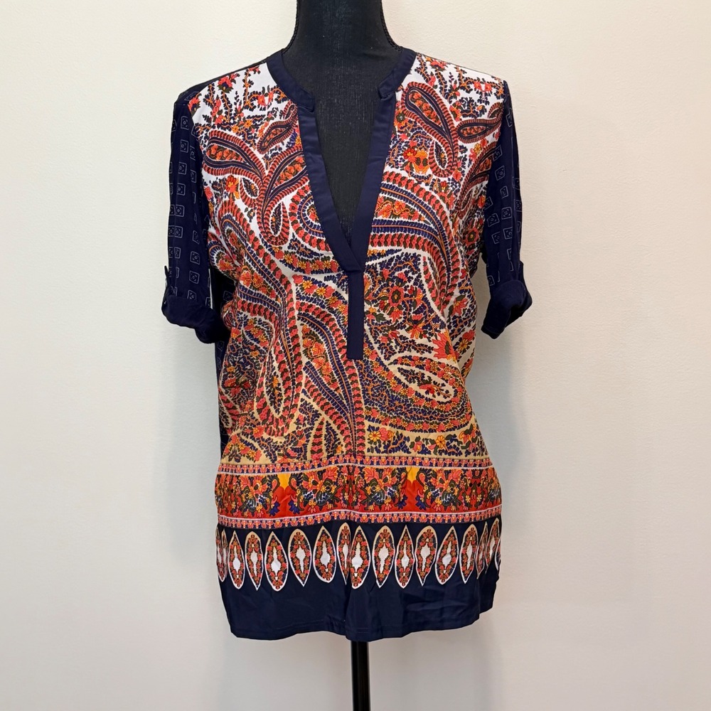 Anthropologie TINY Paisley Print Tunic Top Navy Orange Roll Tab Sleeve Womens M?